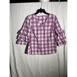 Tyler Boe Top Women XSmall Pink White Check Gingham Cotton Ruffle Sleeve